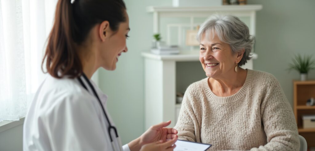 Médica sorridente atendendo paciente idosa em consultório.